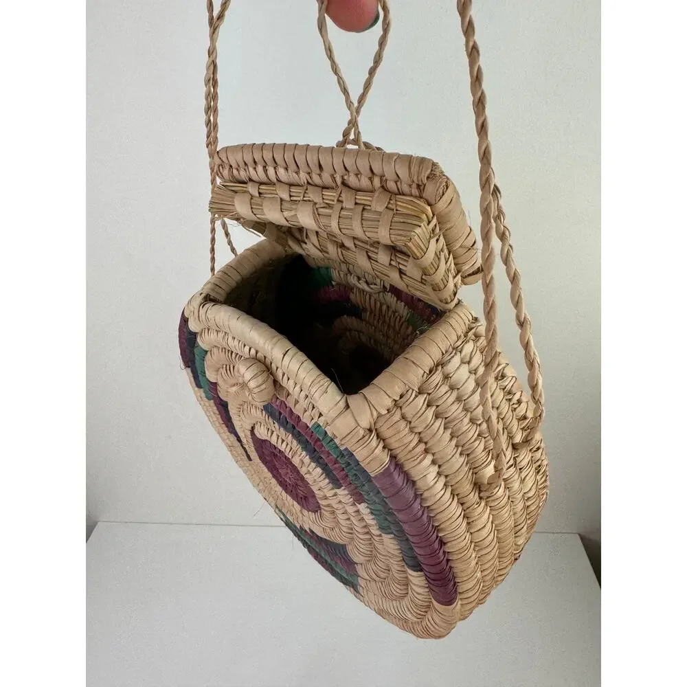 OOAK Tan Handbag Straw Hand Woven Circle Double Handle Strap Crossbody Bag